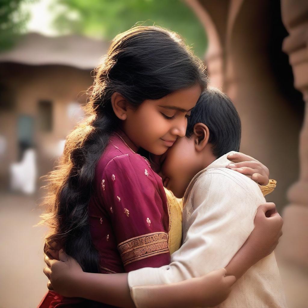 An image of an Indian girl hugging a boy