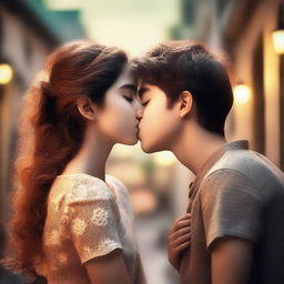 A romantic scene featuring a girl kissing a boy