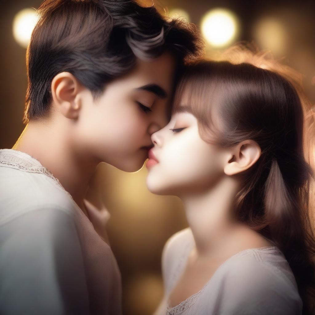 A romantic scene featuring a girl kissing a boy