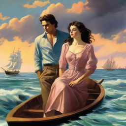 A book cover illustration depicting a couple in a forbidden romance, escaping together on a boat