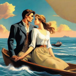 A book cover illustration depicting a couple in a forbidden romance, escaping together on a boat