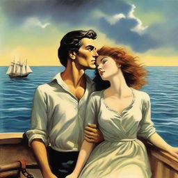 A book cover illustration depicting a couple in a forbidden romance, escaping together on a boat