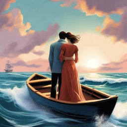 A book cover illustration depicting a couple in a forbidden romance, escaping together on a boat