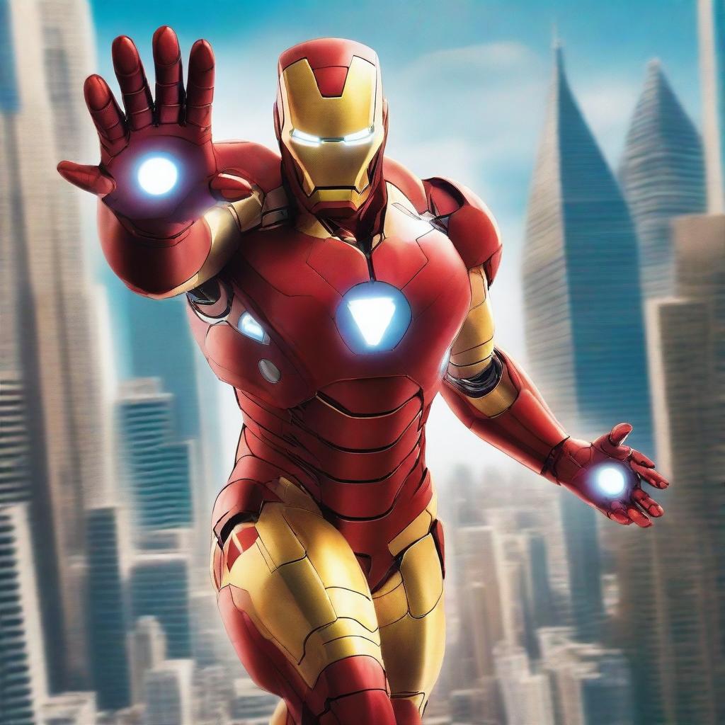 A detailed and heroic image of Iron Man in his iconic red and gold armor, flying through the sky with a powerful stance, emitting energy beams from his palms