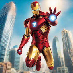 A detailed and heroic image of Iron Man in his iconic red and gold armor, flying through the sky with a powerful stance, emitting energy beams from his palms