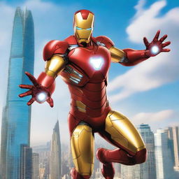 A detailed and heroic image of Iron Man in his iconic red and gold armor, flying through the sky with a powerful stance, emitting energy beams from his palms