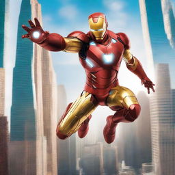 A detailed and heroic image of Iron Man in his iconic red and gold armor, flying through the sky with a powerful stance, emitting energy beams from his palms