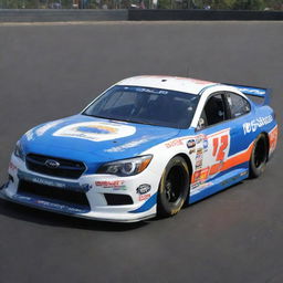 A Subaru car reshaped in a NASCAR style, showcasing radiant colors, racing adjustments, and adorned with numerous sponsor logos.