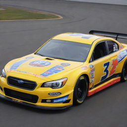 A Subaru car reshaped in a NASCAR style, showcasing radiant colors, racing adjustments, and adorned with numerous sponsor logos.