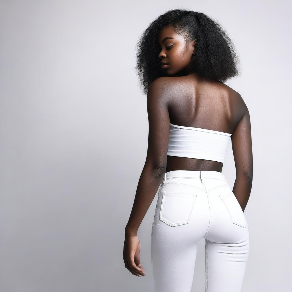 A dark-skinned girl wearing a white crop top with her back arched, standing with her butt facing the camera