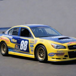 A Subaru car reshaped in a NASCAR style, showcasing radiant colors, racing adjustments, and adorned with numerous sponsor logos.