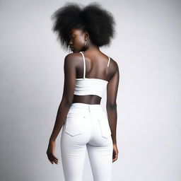 A dark-skinned girl wearing a white crop top with her back arched, standing with her butt facing the camera