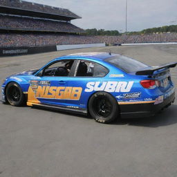 A Subaru car reshaped in a NASCAR style, showcasing radiant colors, racing adjustments, and adorned with numerous sponsor logos.