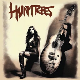 Create a Hard Rock album cover for the band 'Huntress and the Hunted' featuring a fierce female lead singer