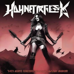 Create a Hard Rock album cover for the band 'Huntress and the Hunted' featuring a fierce female lead singer