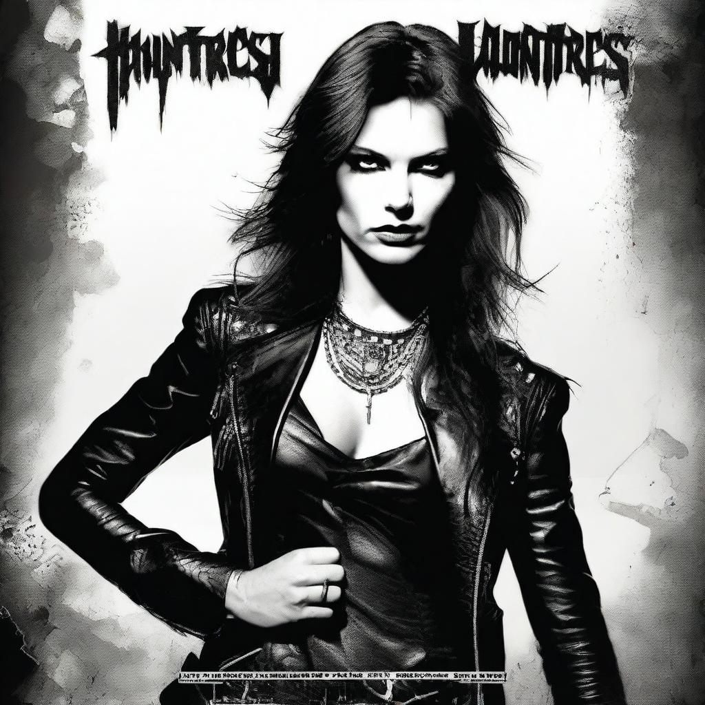 Create a Hard Rock album cover for the band 'Huntress and the Hunted' featuring a fierce female lead singer