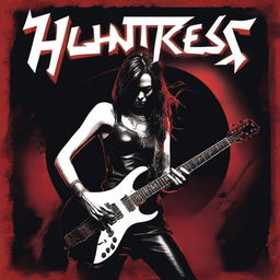 Create a Hard Rock album cover for the band 'Huntress and the Hunted' featuring a fierce female lead singer