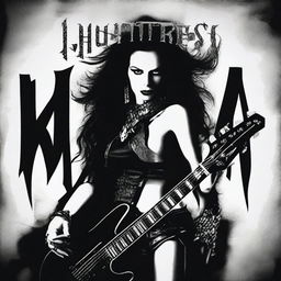 Create a Hard Rock album cover for the band 'Huntress and the Hunted' featuring a fierce female lead singer