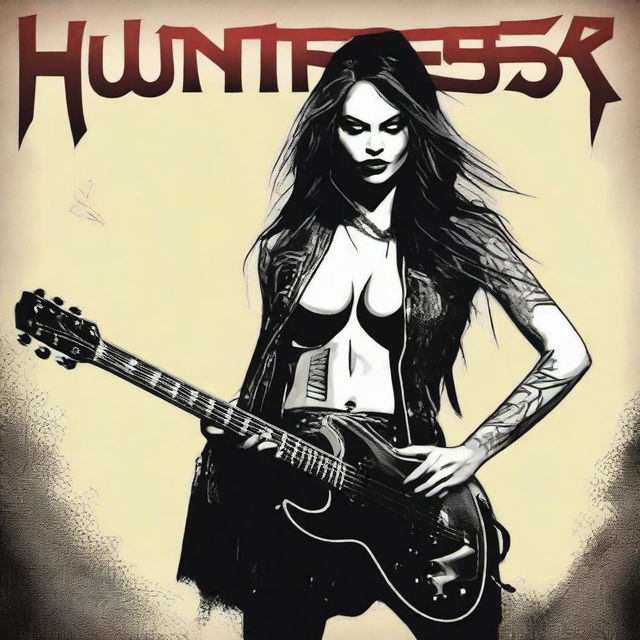 Create a Hard Rock album cover for the band 'Huntress and the Hunted' featuring a fierce female lead singer