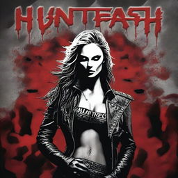 Create a Hard Rock album cover for the band 'Huntress and the Hunted' featuring a fierce female lead singer