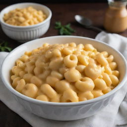 A hot, comforting bowl of macaroni and cheese, steam rising from the perfectly cooked pasta shells smothered in creamy, gooey, golden cheese.