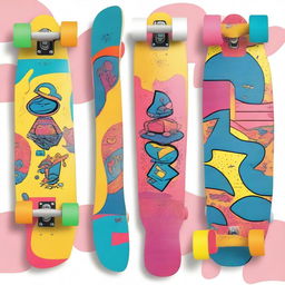 Create an image of a skateboard with vibrant colors and dynamic patterns