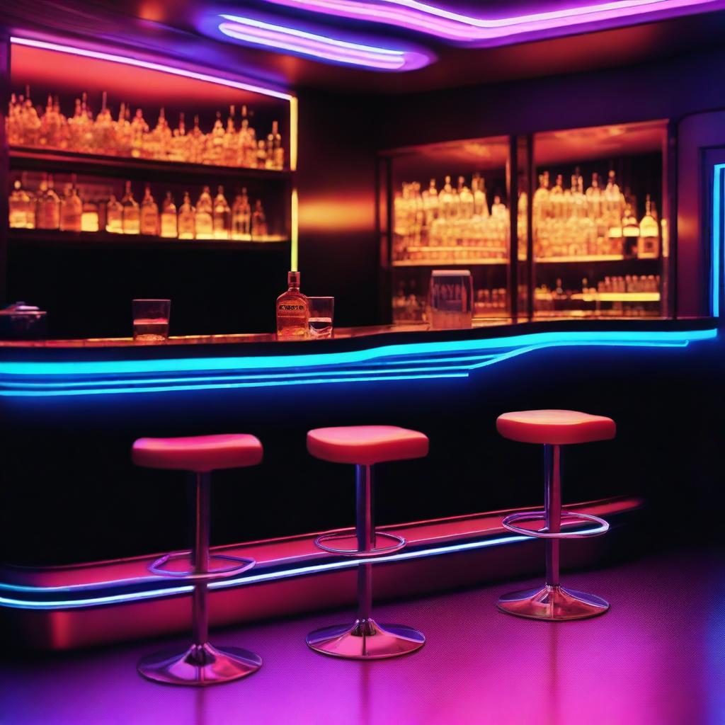 A futuristic bar scene with two Bulleit Bourbon drinks placed on the counter, seen from the perspective of two empty chairs