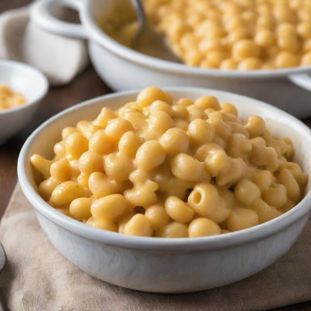 A hot, comforting bowl of macaroni and cheese, steam rising from the perfectly cooked pasta shells smothered in creamy, gooey, golden cheese.