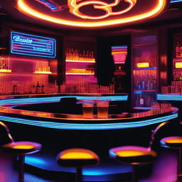 A futuristic bar scene with two Bulleit Bourbon drinks placed on the counter, seen from the perspective of two empty chairs