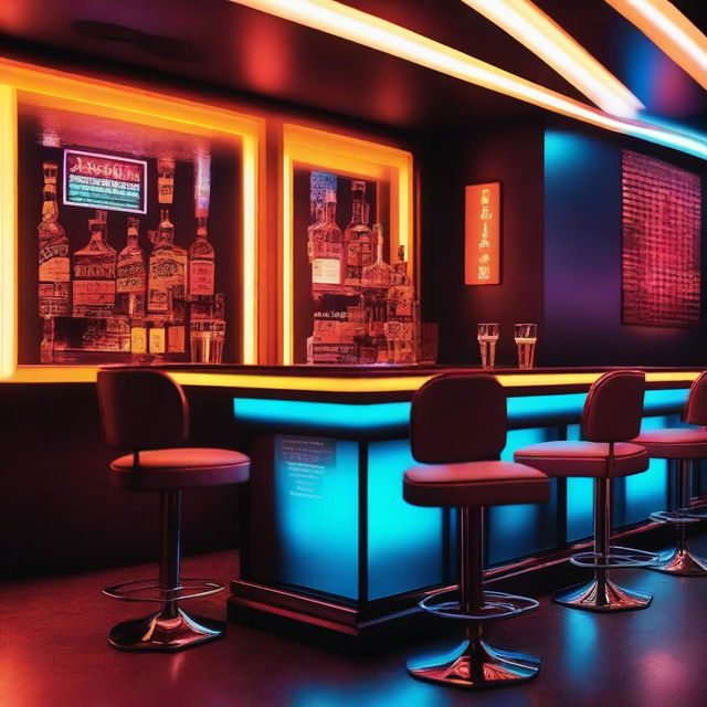 A futuristic bar scene with two Bulleit Bourbon drinks placed on the counter, seen from the perspective of two empty chairs