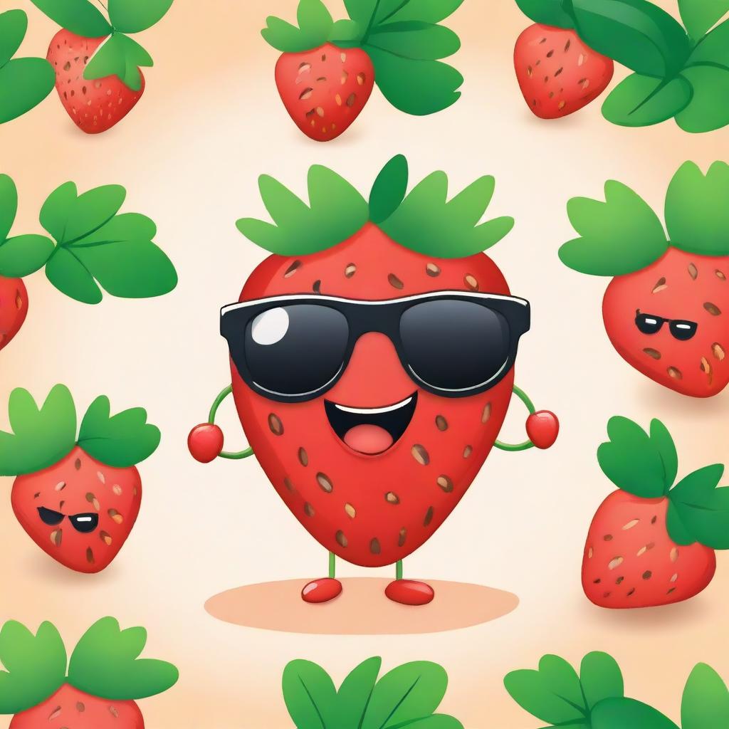 Create an image of two adorable strawberries holding hands, wearing tiny sunglasses, with smiles as bright as the summer sun