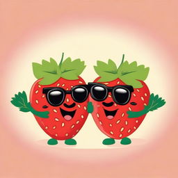 Create an image of two adorable strawberries holding hands, wearing tiny sunglasses, with smiles as bright as the summer sun