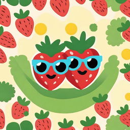 Create an image of two adorable strawberries holding hands, wearing tiny sunglasses, with smiles as bright as the summer sun