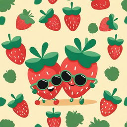 Create an image of two adorable strawberries holding hands, wearing tiny sunglasses, with smiles as bright as the summer sun