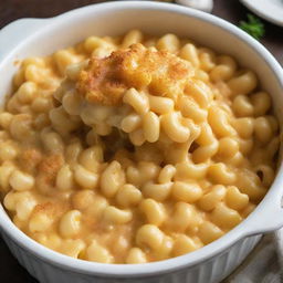 A hot, comforting bowl of macaroni and cheese, steam rising from the perfectly cooked pasta shells smothered in creamy, gooey, golden cheese.