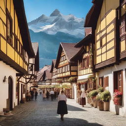 A picturesque scene of a traditional German village with half-timbered houses, cobblestone streets, and people in traditional Bavarian clothing