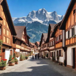 A picturesque scene of a traditional German village with half-timbered houses, cobblestone streets, and people in traditional Bavarian clothing