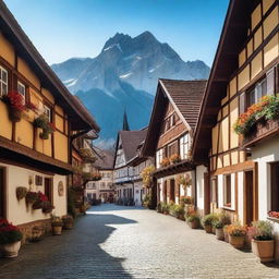 A picturesque scene of a traditional German village with half-timbered houses, cobblestone streets, and people in traditional Bavarian clothing