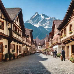 A picturesque scene of a traditional German village with half-timbered houses, cobblestone streets, and people in traditional Bavarian clothing