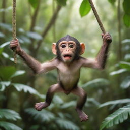 A playful, energetic monkey with gleaming eyes jauntily swinging through a vibrant, tropical rainforest.