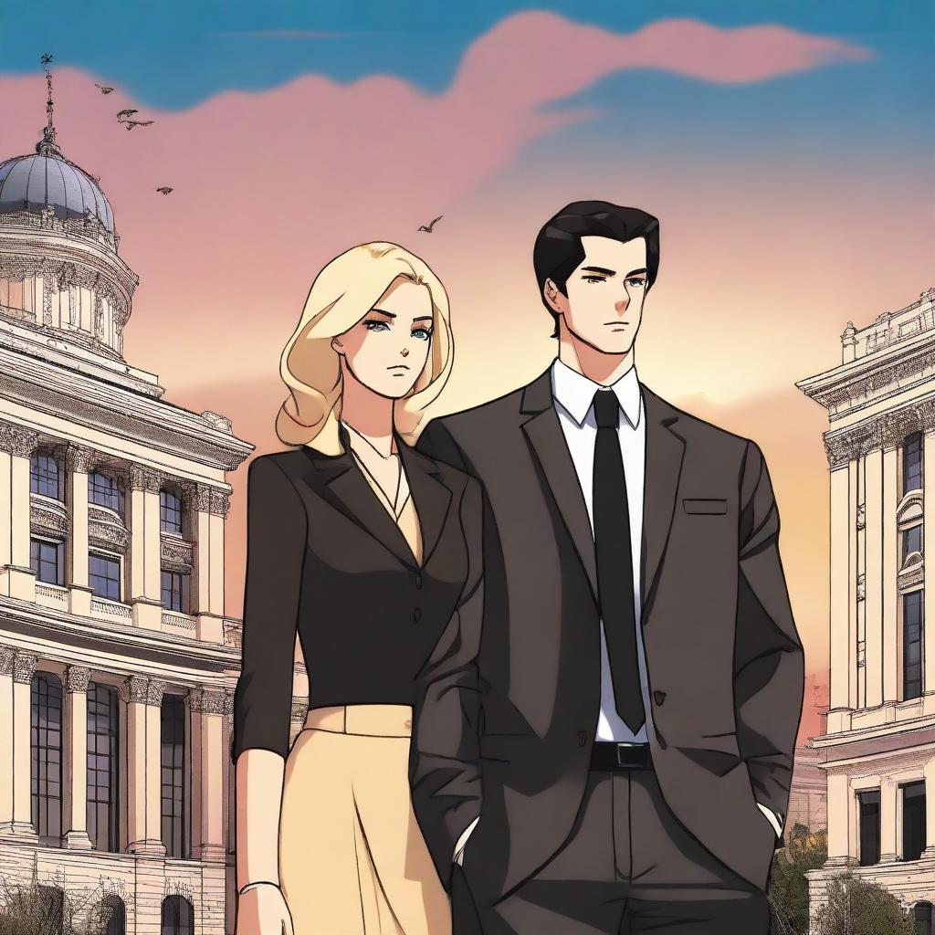 Two characters, a man and a woman, in modern and formal attire