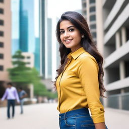 A beautiful Indian girl wearing a stylish western outfit, now with a different colored shirt