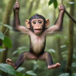 A playful, energetic monkey with gleaming eyes jauntily swinging through a vibrant, tropical rainforest.