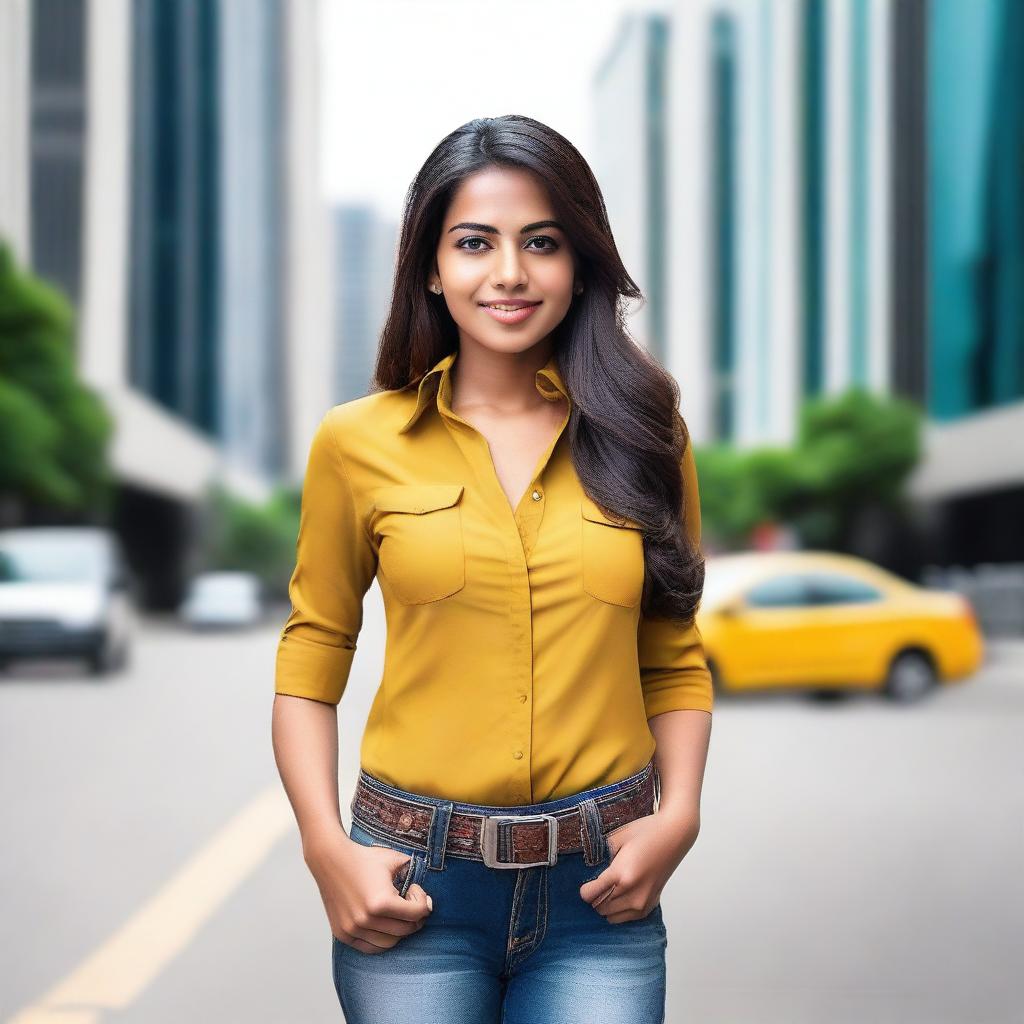 A beautiful Indian girl wearing a stylish western outfit, now with a different colored shirt