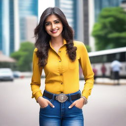 A beautiful Indian girl wearing a stylish western outfit, now with a different colored shirt