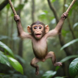 A playful, energetic monkey with gleaming eyes jauntily swinging through a vibrant, tropical rainforest.