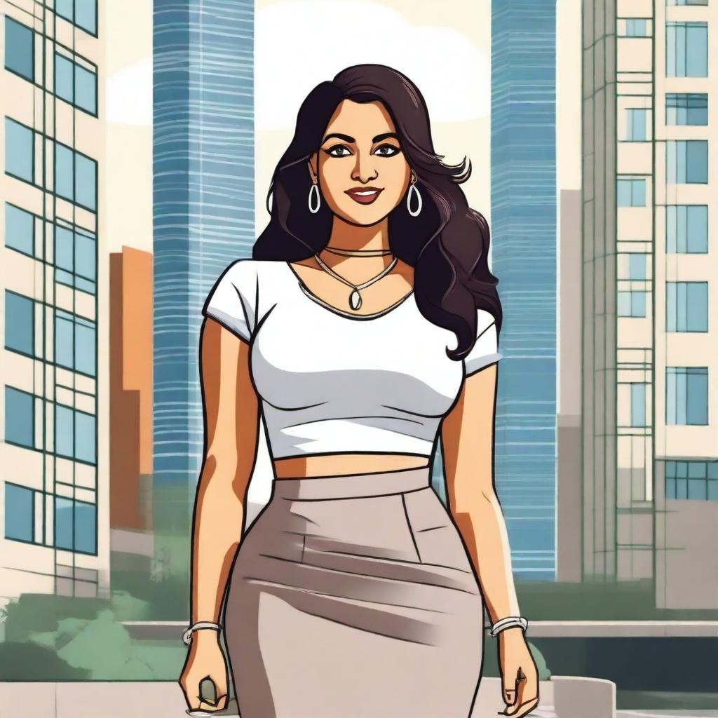 An Indian girl with a curvy figure, wearing a skirt and a top with a deep neckline