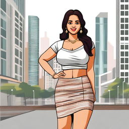 An Indian girl with a curvy figure, wearing a skirt and a top with a deep neckline