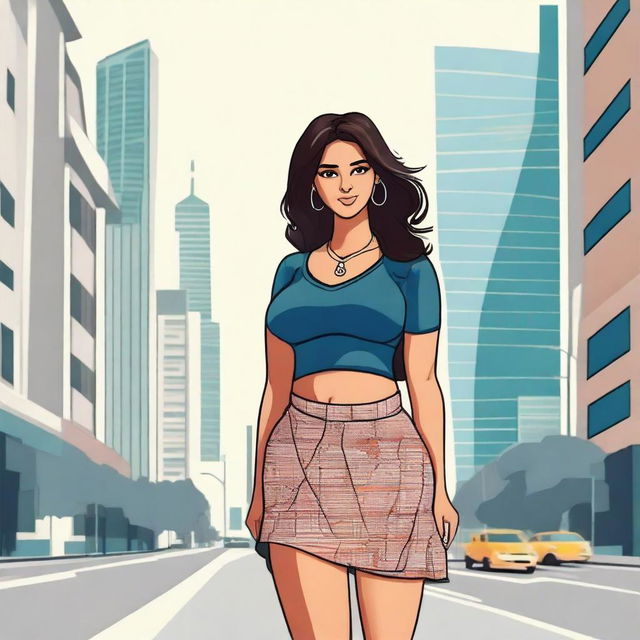 An Indian girl with a curvy figure, wearing a skirt and a top with a deep neckline