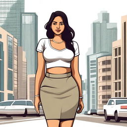 An Indian girl with a curvy figure, wearing a skirt and a top with a deep neckline